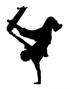 silhouette of a person doing a handstand with a skateboard